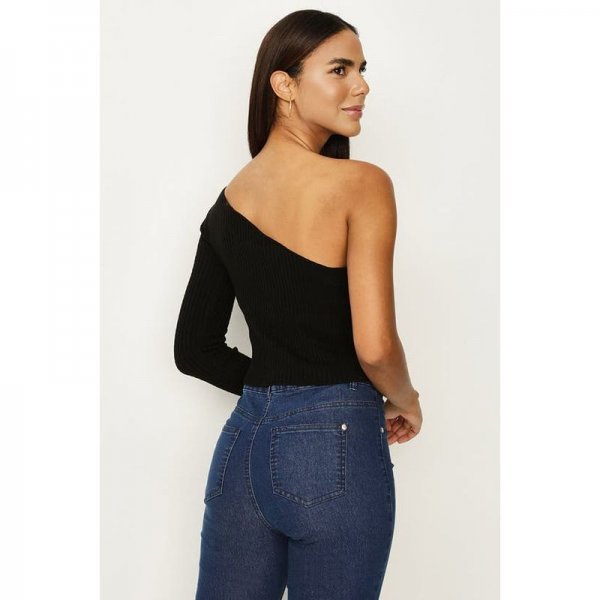 Black One Shoulder Knitted Crop Top